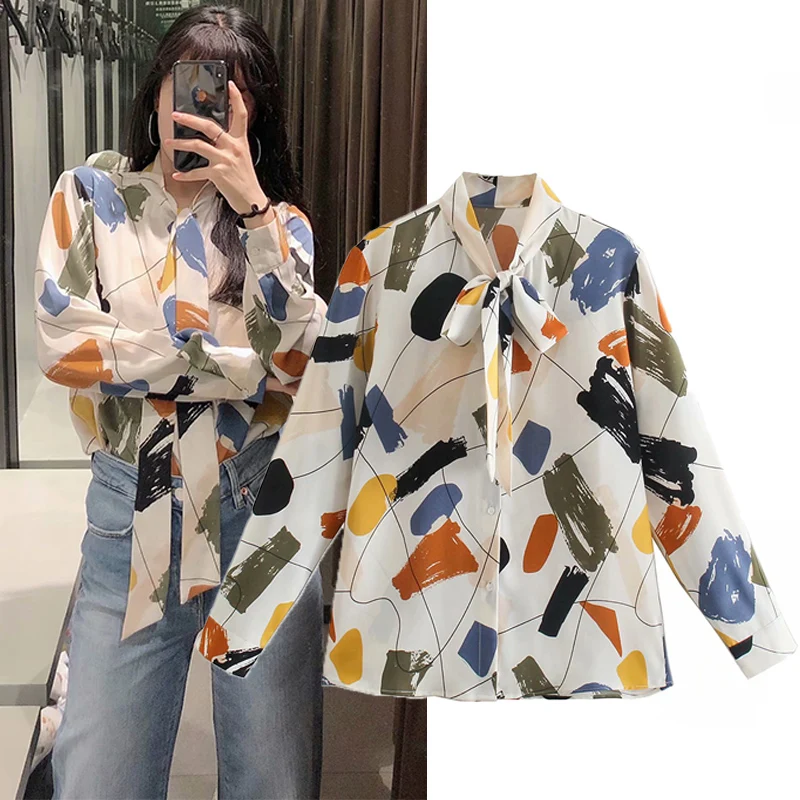 

WESAY JESI Women's Blouse Spring Large Size Chic Color Printing Tops Loose Fashion Long Sleeved Single-Breasted Ladies Shirt