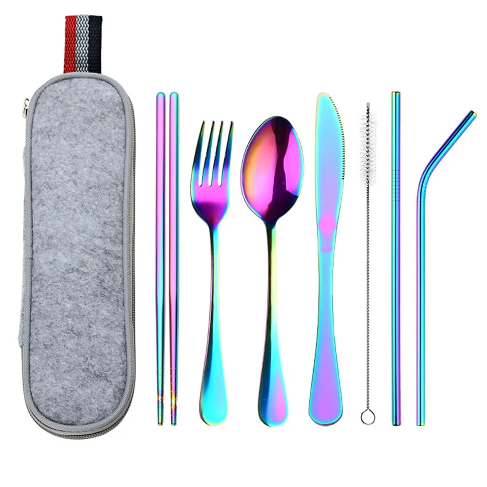 

7Pcs/set Dinnerware Cutlery Set Tableware Utensils Set With Spoon Fork Knives Chopsticks Drink Straw For Dropshipping