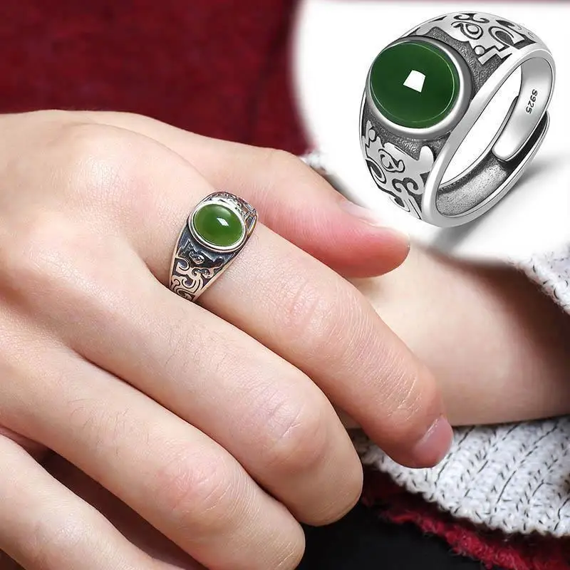 

Natural Hetian Jade Green Jade Men's S925 Silver Ring Vintage Emerald Ring Men's Open Mouth Emerald Thumb Ring