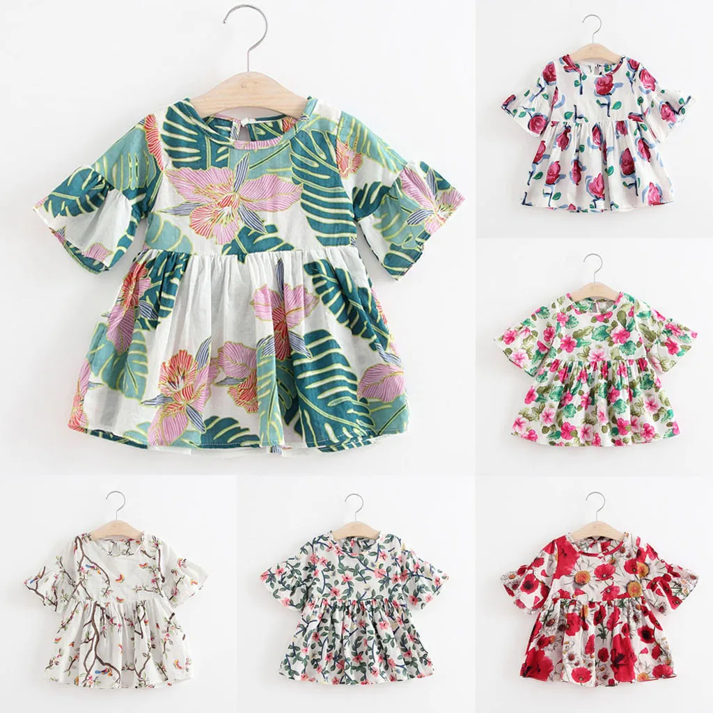 Новое летнее платье для девочек принцессы с короткими рукавами и цветочным