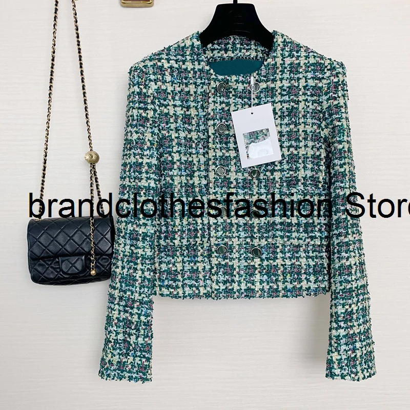 

2021 Autumn Winter Green Plaid Tweed Jacket Women Top Quality Fashion Coat Camellia Silk Lining Double Breasted Outerwear Lady
