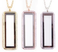 1pcslot rhinestones rectangle floating locket with necklace chains glass memory living locket pendant charms women gift jewelry