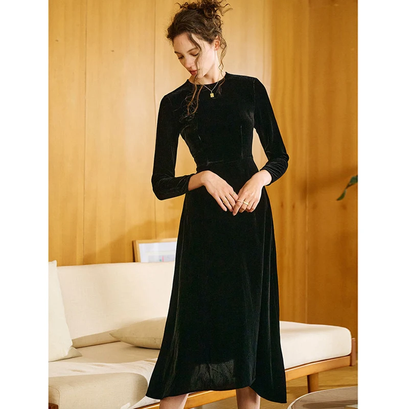 

Black Dress Women Elegant Design 100% Silk Velvet O Neck Long Sleeve Irregular Edges Solid High Quality Dresses New Fashion