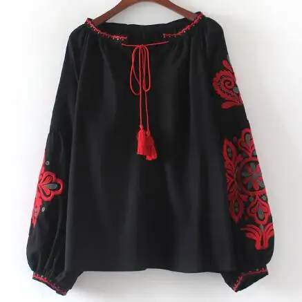 Хлопок Лен Boho вышитые блузки летние с длинным рукавом Женские Белый Синий Черный