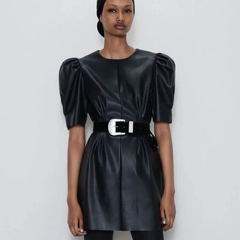 Новинка 2019 винтажные платья из искусственной кожи женские модные на молнии с