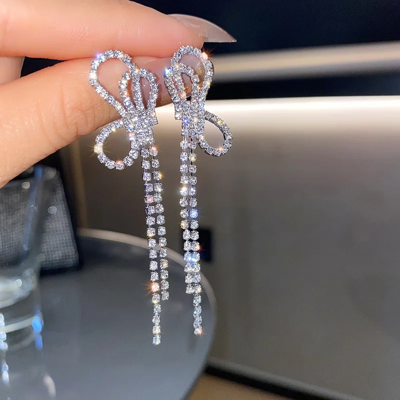 

S925 Silver Needle Personality Long Rhinestone Tassel Bow Drop Earrings for Women Jewelry