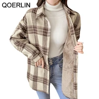 qoerlin fleece velvet thick warm women plaid shirt female long sleeve tops winter casual check blouse autumn clothes