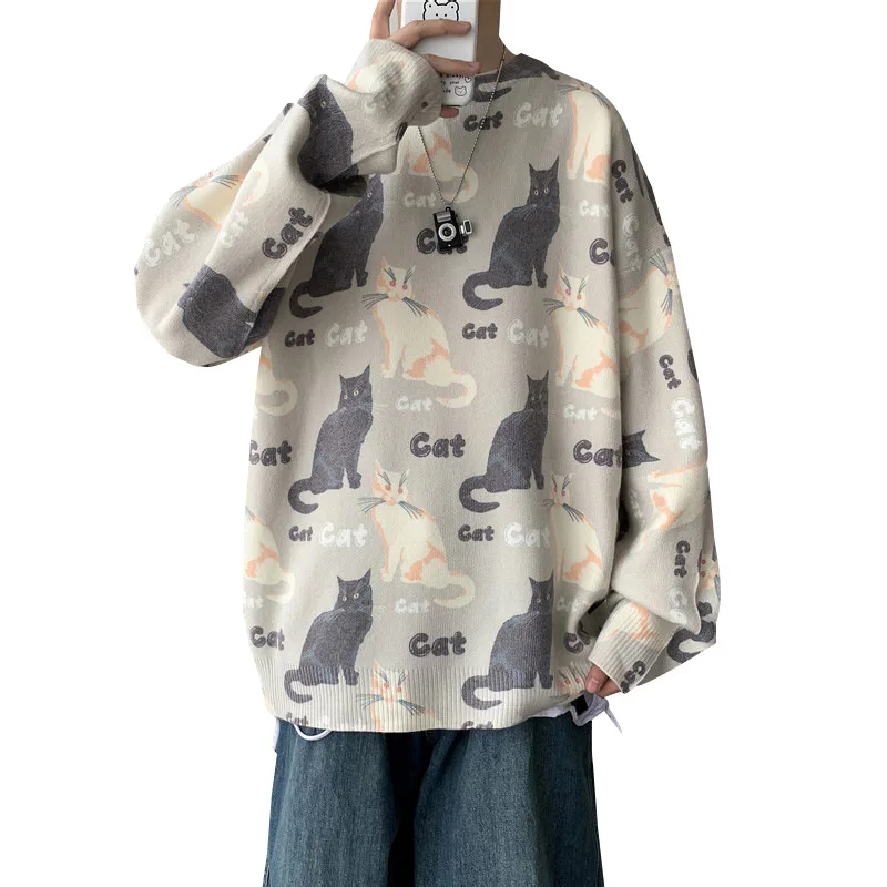 

O-neck Men Casual Sweater Sweatshirt Hip-Hop Harajuku Mens Pullover Japanese Oversized Personality Little cat Pattern Male Tops