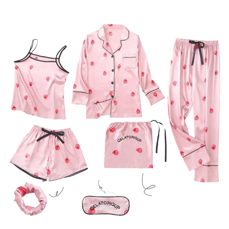 

Women Satin Sleepwear 7 Pieces Pajamas Set Sexy Pajamas Sleep Lounge Cute Pijama Silk Night Home Clothing Pajama Suit Loungewear