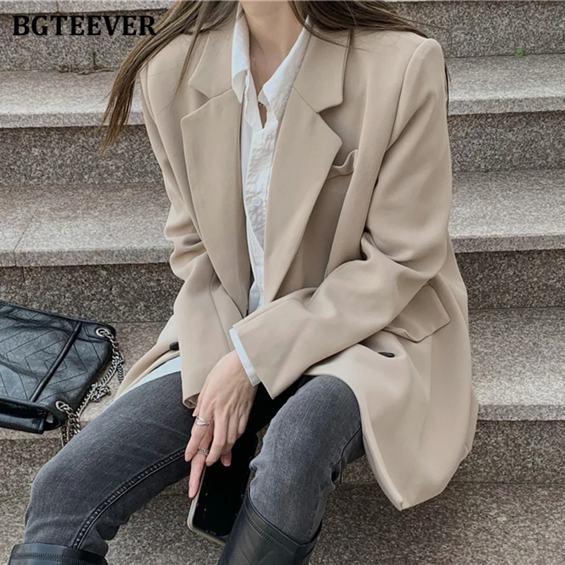 

BGTEEVER Vintage Double Breasted Women Blazer 2021 Spring Notched Collar Loose Female Suit Jackets Ladies Casual Outwear Tops