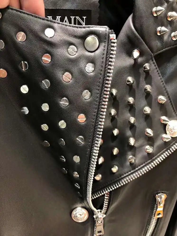 

women genuine leather jacket spring high quality chaqueta mujer biker jacket korean clothes with rivet cazadora vaquera mujer