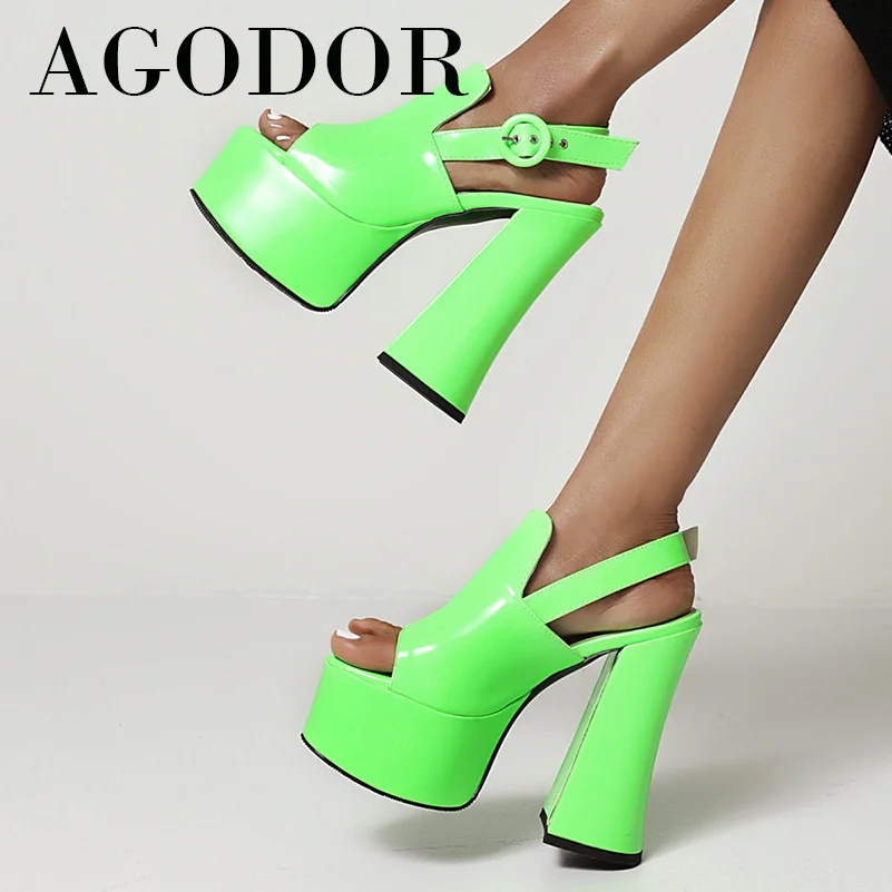 

AGODOR Platform Extreme High Heels Woman Shoes Peep Toe Chunky Heel Sandals Fashion Buckle Female Footwear Green Large Size 46