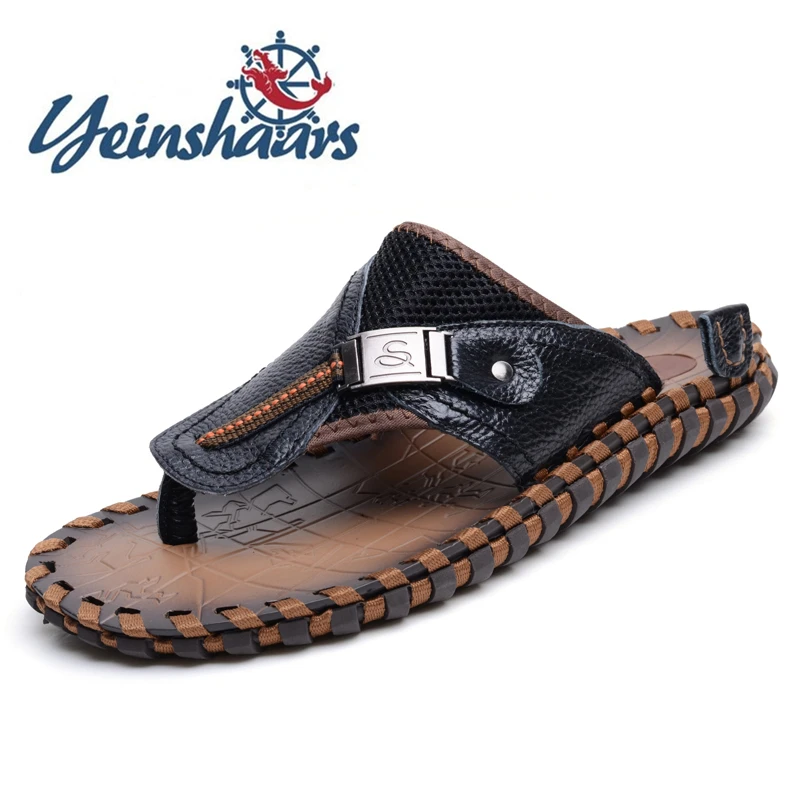 Шлепанцы мужские из натуральной кожи Нескользящие пляжные тапочки летние