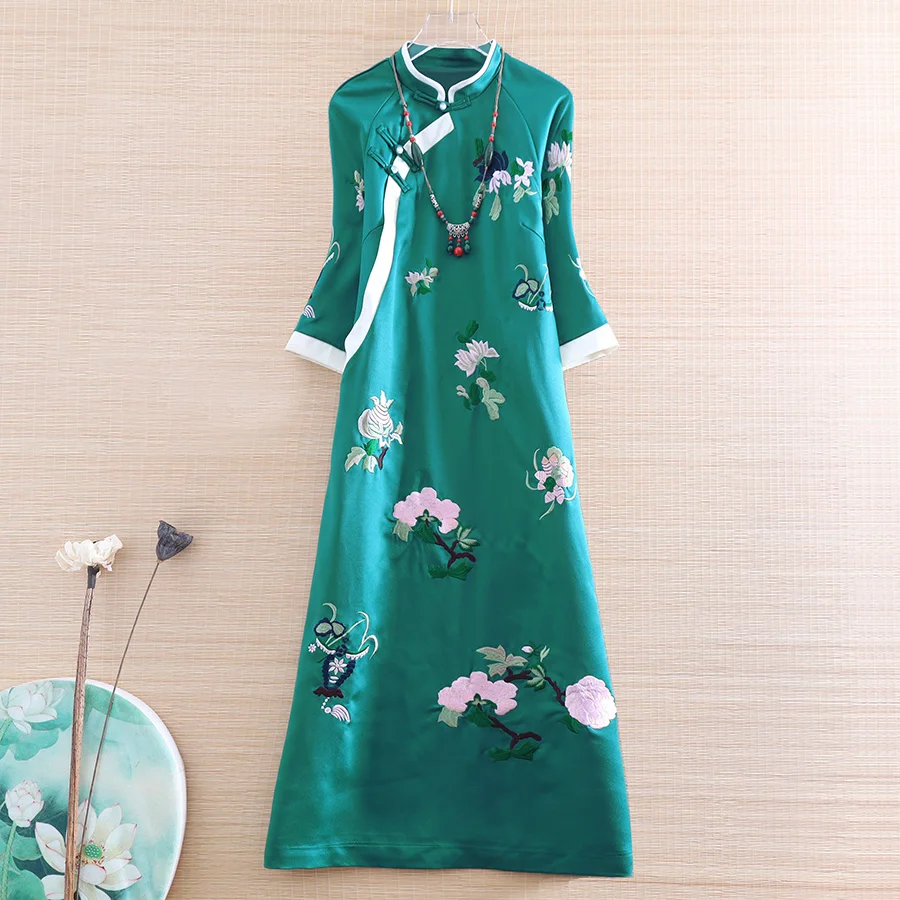 

Hi-end Spring Summer Women Cheongsam Dress Embroidery Slim Elegant Lady Tea Ceremony Clothes A-line Party Qiapo Dress S-XXL