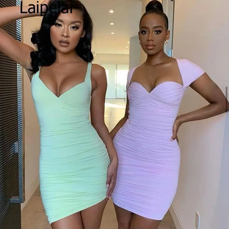

Cotton Summer Club Party Dress Women Spaghetti Strap Pleated Dress Bodycon Mini Sexy Dress Solid Pink New Fashion 2020