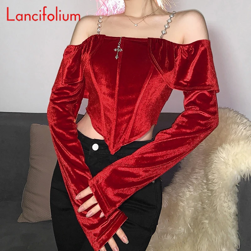 

Fall Winter Black Velvet Slash Neck Backless Tees Top Stitch Ruffle Patchwork Corset Chain Cami Korean Sexy T Shirt Women 2022