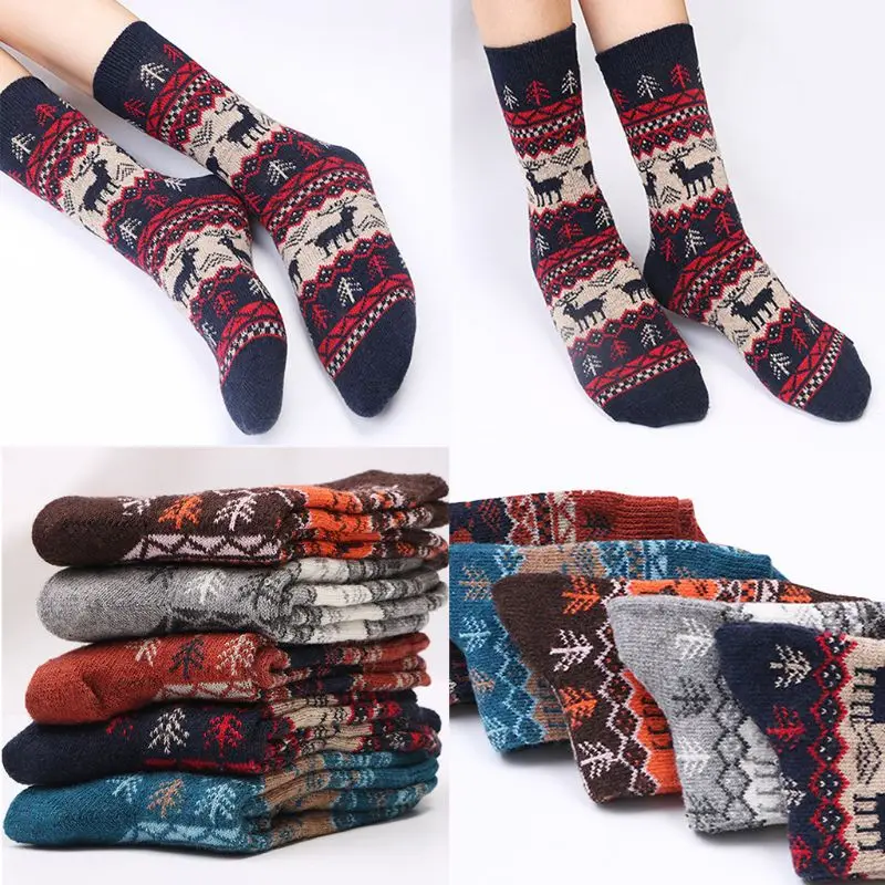 

5 Pairs Womens Winter Thicken Knit Crew Socks Ethnic Christmas Elk Print Hosiery