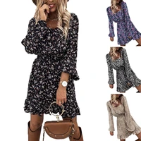 2021 european and american new style long sleeved loose tight waisted ruffled printed dress