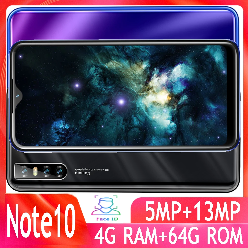 

Note10 Water drop screen smartphones 4GB RAM 64GB ROM 13MP quad core 6.26inch face ID unlocked Android mobile phones Global wifi