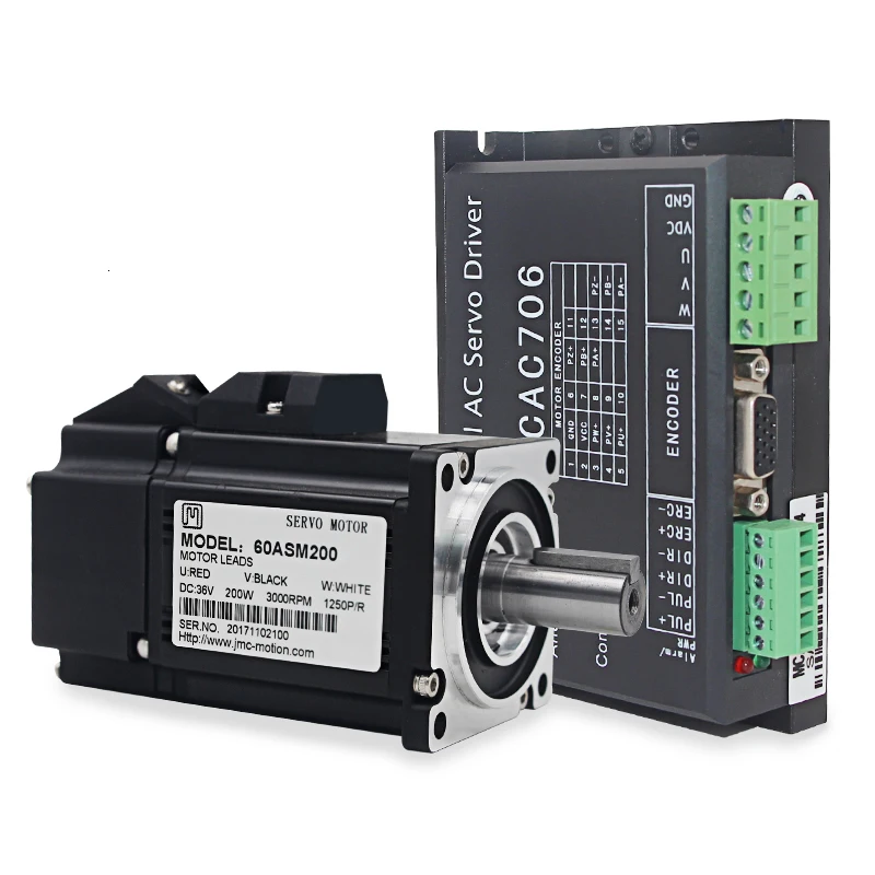 Оригинальный JMC 60ASM200 + MCAC706 200 Вт 36VDC 0.64N.m NEMA24 экономичный AC Серводвигатель привод