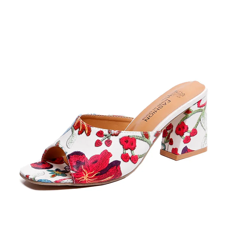 

Sandals Women 2021 Summer New Korean Version All-match Outer Wear Mid-heel Flip-flops Printed Thick Heel Women's Slippers