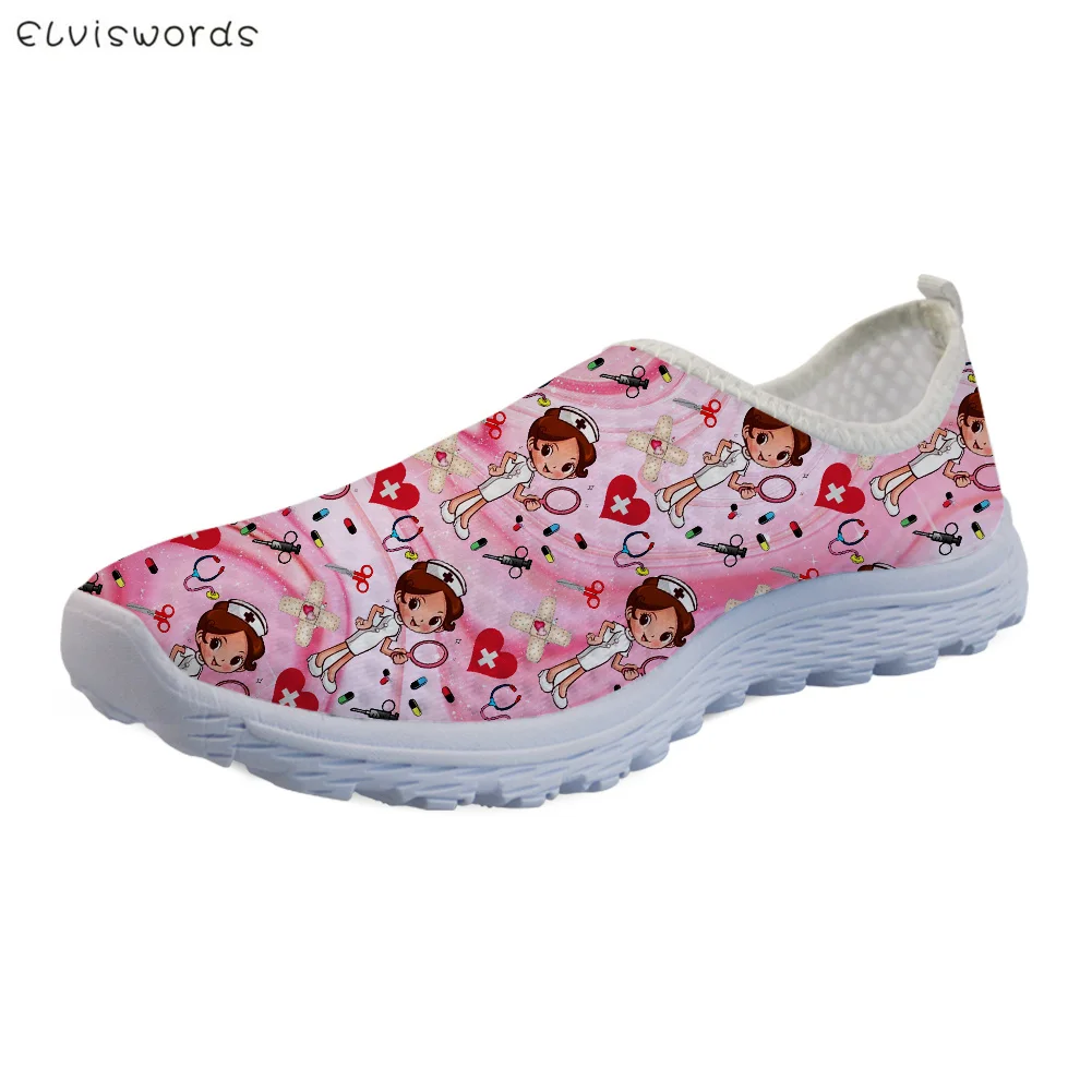 

ELVISWORDS Hot Women Flats Sneakers for Ladies Pink Nurse Mesh Shoes Premium Sketch Physio Medical Footwear Slip On Beach Shoes