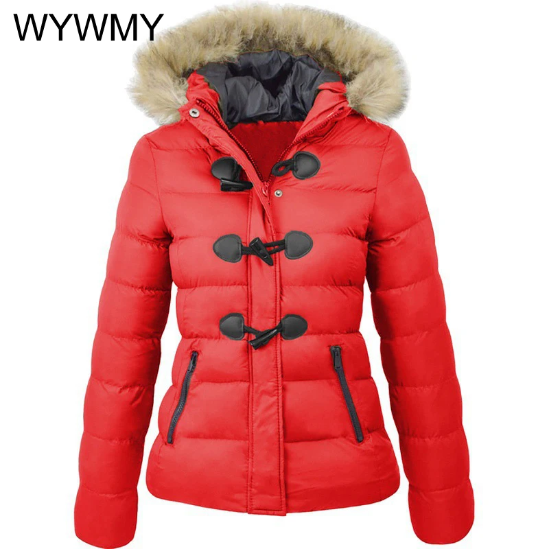 WYWMY Winter Snow Coat Women Parkas Casual Fur Collar Horn Buckle Parkas Cotton Solid Jacket Female Hooded Coats Warm Clothes