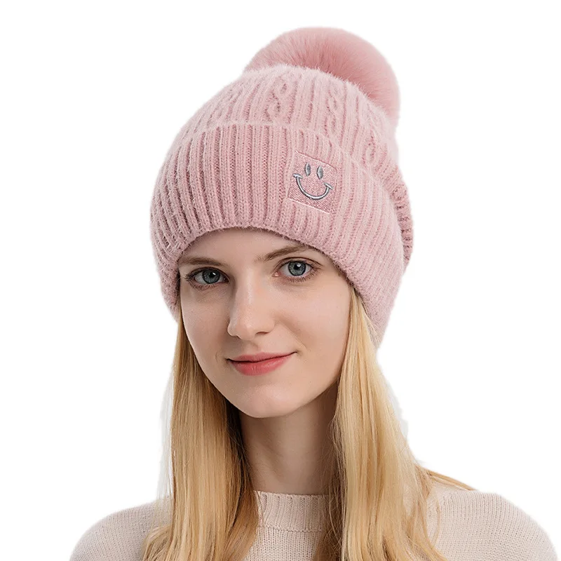 

2021 Fashion Warm Winter Wool Ball Knitted Hats For Women Pink Blonde Blue Black Caps Embroidered Smiling Face Bonnet Femme