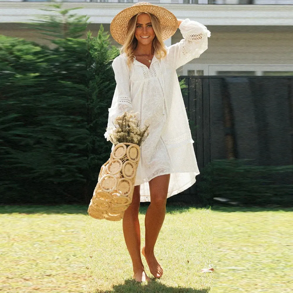 

WildPinky 2020 Summer Boho Women Mini Dress Loose Lace Embroidery White Hollow Out Beach Dress Vacation Holiday Clothes Vestidos