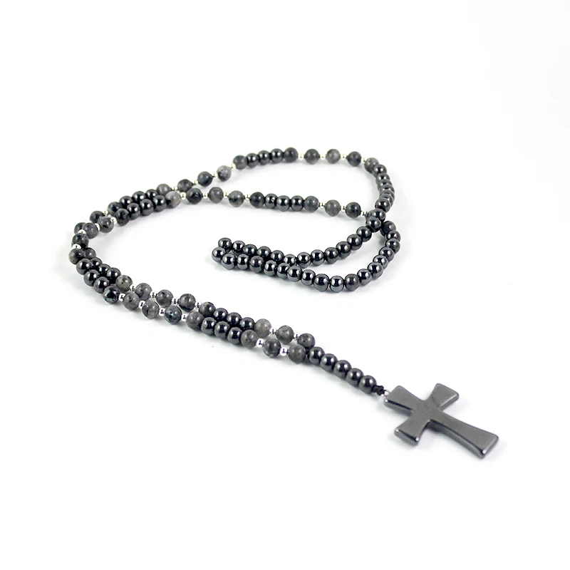 Подвеска в виде креста NSN010 из натурального серого камня с гематитовыми бусинами