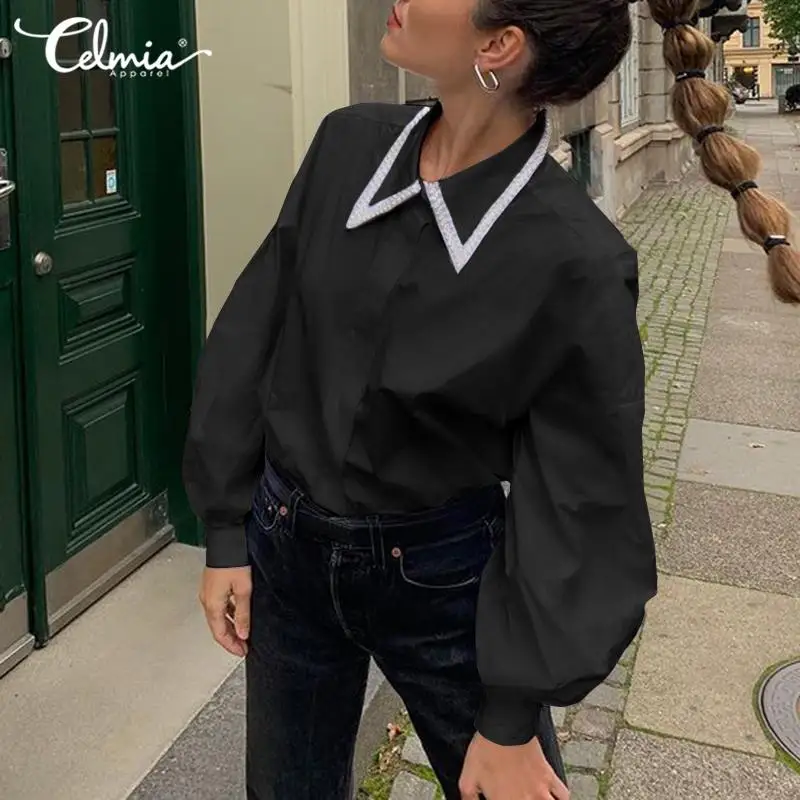 

Women's Lantern Sleeve Shirts Tunics Celmia 2021 Elegant Autumn Casual Solid Tops Fashion Turn Down Collar Blouses OL Femininas