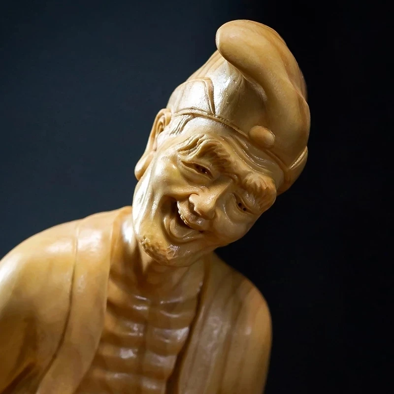 

Chinese Boxwood Sculpture 21cm Feng Shui Wooden Buddha State Mad Monk Home Decoration