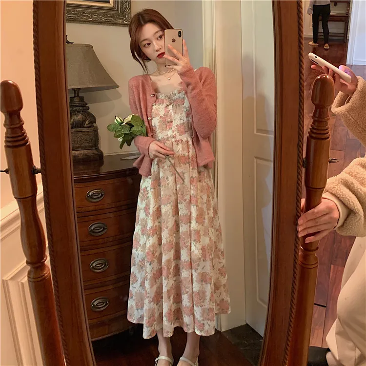 

2021 Women Summer Print Floral Midi Dress Vintage Franch Style Female Strapless Party Dress Casual Holiday Lady