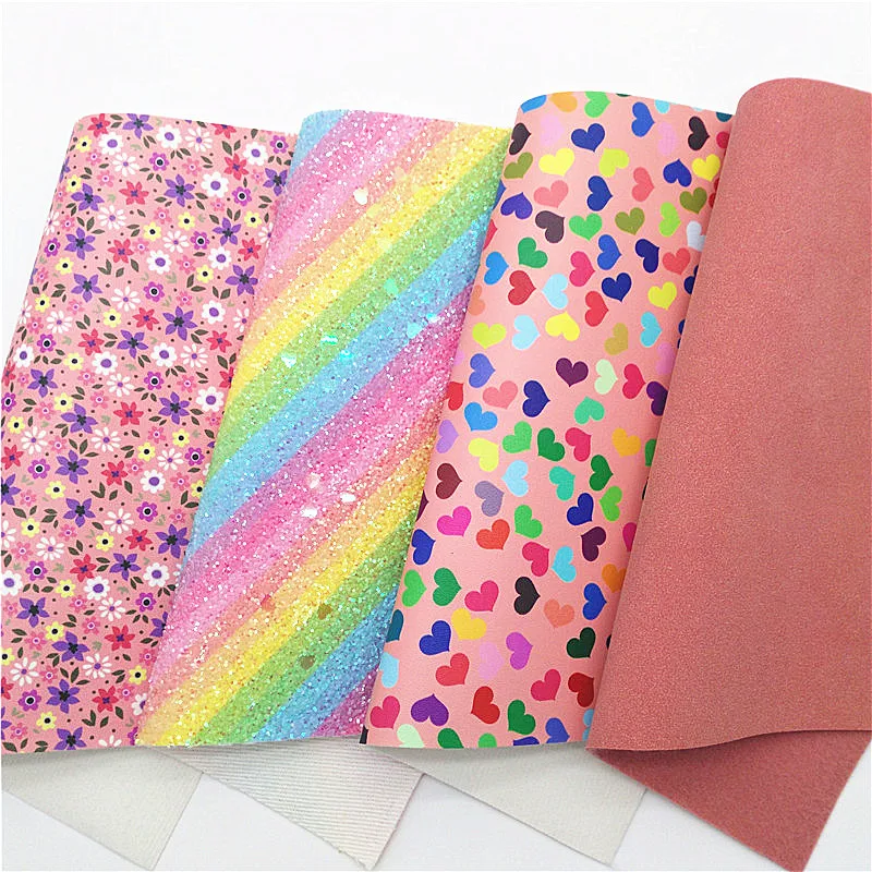 Радужные полосы блестящая кожа сердца цветы звезды принт синтетическая замша