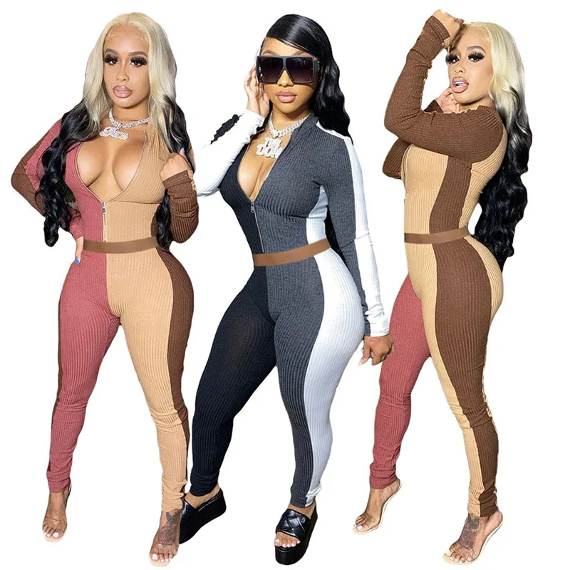 

Women Casual Suit 2020 Autumn and Winter Three Color Patchwork Long Sleeve Zipper Tops & Trousers Fashion Sports 2 Piece Set