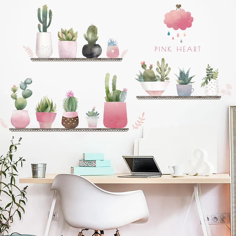 

Nordic Leaves Cactus Pink Clouds Bonsai Creative Wall Stickers for Girls Bedroom Wall Decoration Wallpaper Self-adhesive