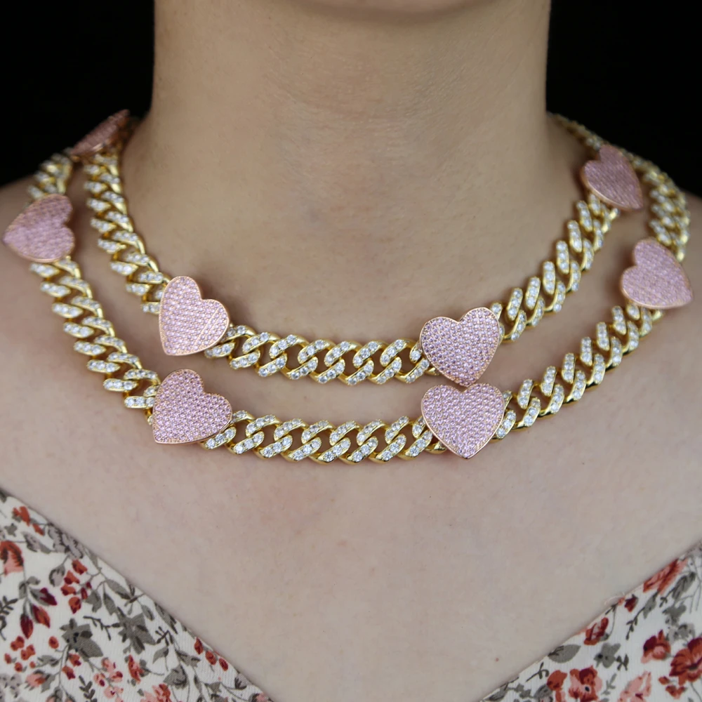 

Кубинская цепочка 12 мм, ожерелье с розовым кубическим цирконием, украшенное сердцем, ожерелье-чокер для женщин, милая бижутерия для женщин, ...