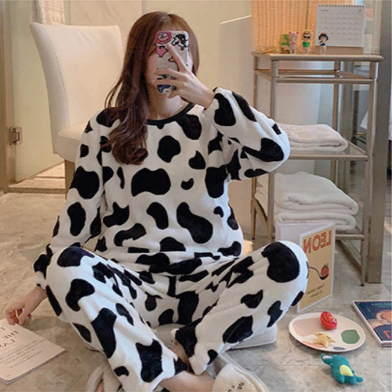 

Women Pajamas Suits Winter Flannel Long Sleeve Thickened Plush Coral Velvet Autumn And Winter Home Wear Set Sleepwear Plus Size