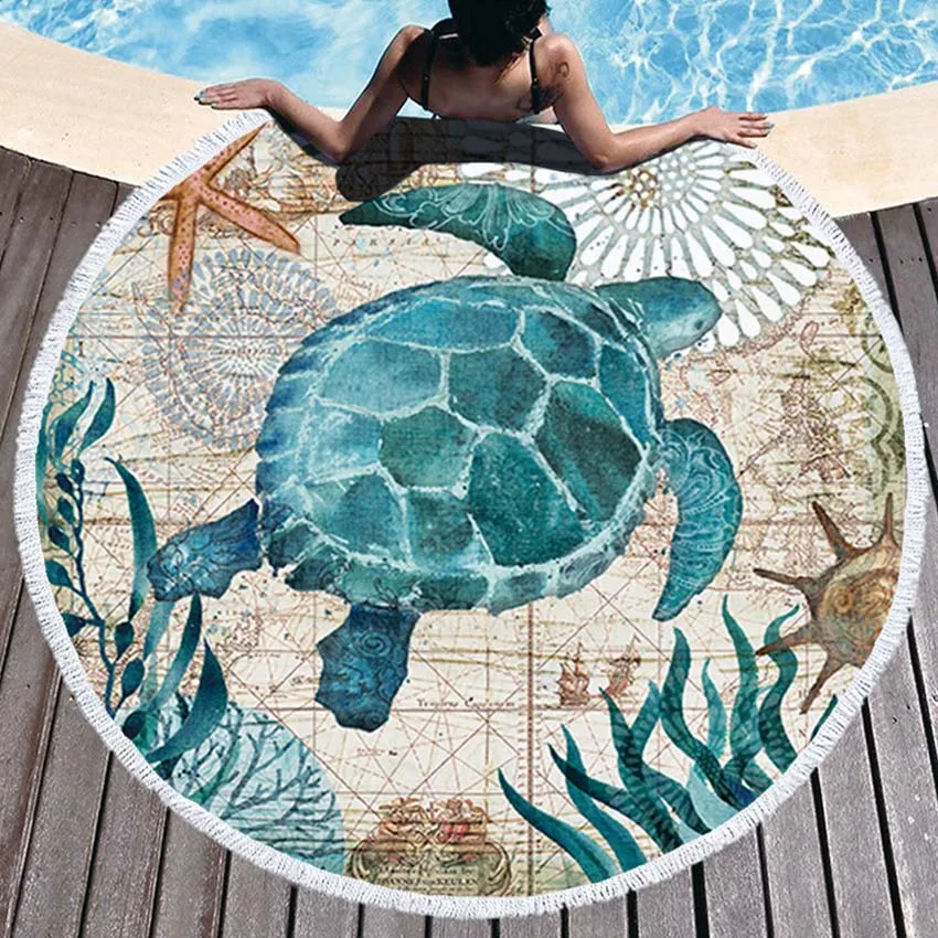 

Sea Turtle Round Beach Towel Undersea World Thick Shower Bath Towels Microfiber Summer Swim Circle Yoga Mat 150cm With Tassels