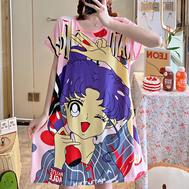 

New style night skirt women summer thin nightdress cute sweet student cartoon plus size lady loose Sleepshirts