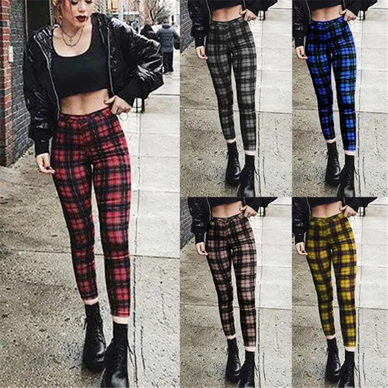 Plaid High Waisted Pants Women's Casual Super Elastic Pencil Fashion Slim Trousers | Женская одежда