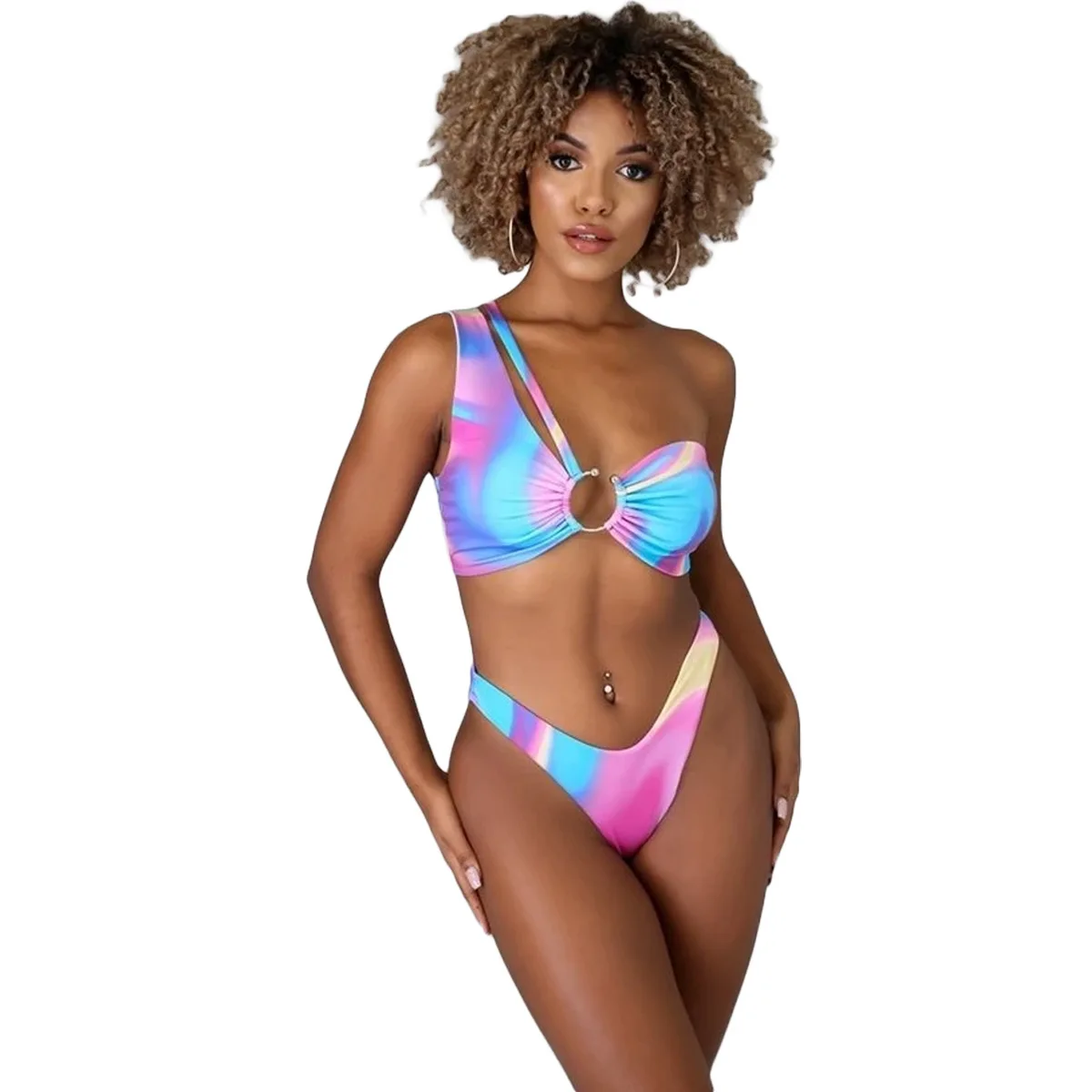 

2021 Summer Plus Size High Waist Asymmetrical Hollow Tie-dye One-shoulder Separated Sexy Bikini 2 piece Swimsuit Women Clothing