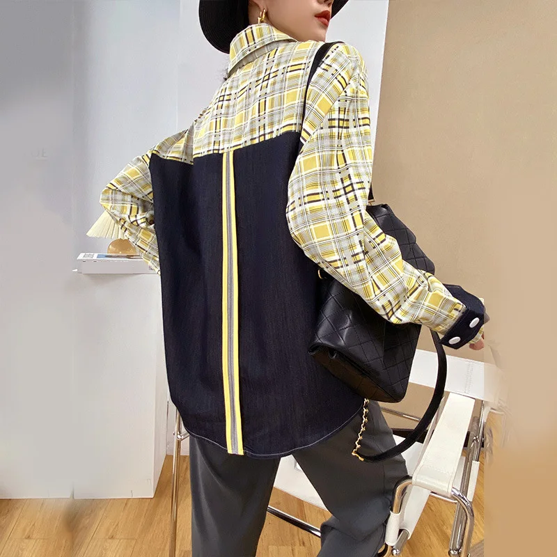 

LANMREM 2021 Spring Turn-down Collar Stripe Patchwork Long-sleeved Single-breasted Black And Black Plaid Pattern Shirt 2A3141