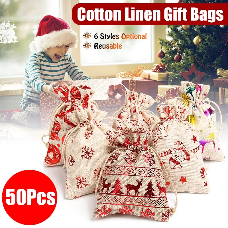 

50Pcs Reusable 10x14cm Christmas Santa Printed Cotton Linen Gift Bags Drawstring Pouch Sack for Christmas Packing