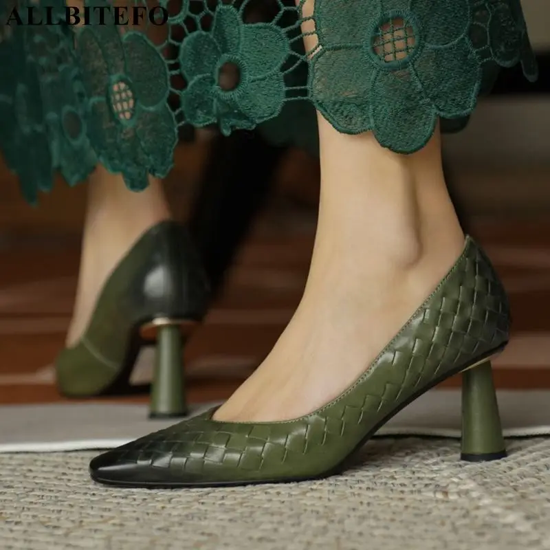 

ALLBITEFO Weaving design soft genuine leather women heels shoes pointed toe fashion sexy high heels club party high heel shoes