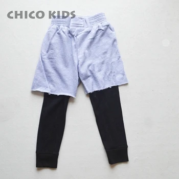 gray fake pant Детская осенне-Весенняя махровая хлопковая рабочая одежда с большим карманом для мальчиков и девочек хлопковые поддельные штаны из двух предметов детские узкие джинсовые штаны - Цвет: gray fake pant