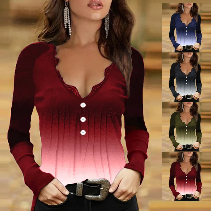 

Buttons Women T-Shirt Deep V Neck Lace Ladies Tshirt Tee Shirt Autumn Gray Sexy Business Office Work Wear T-Shirt Top