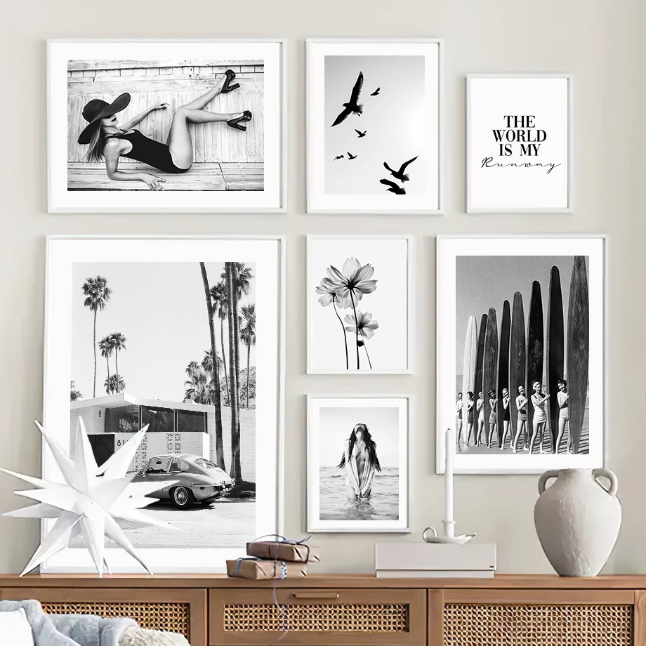 

Черная белая доска для серфинга девушка цветок птица пляжная настенная Картина на холсте скандинавские постеры и принты настенные картины ...