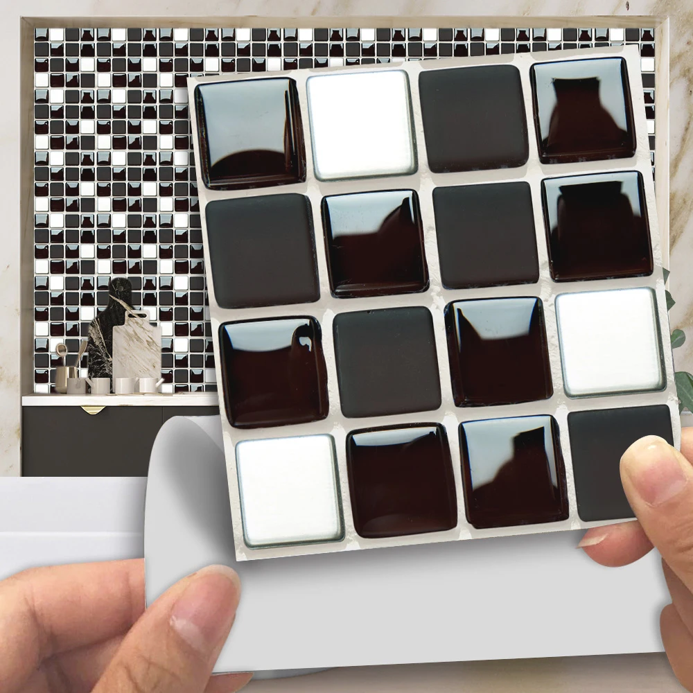 

Black And White Glossy Mosaic Simulation Tile Wall Stickers Transfers Covers for Kitchen Floor Art Decals Peel & Stick Wallpaper