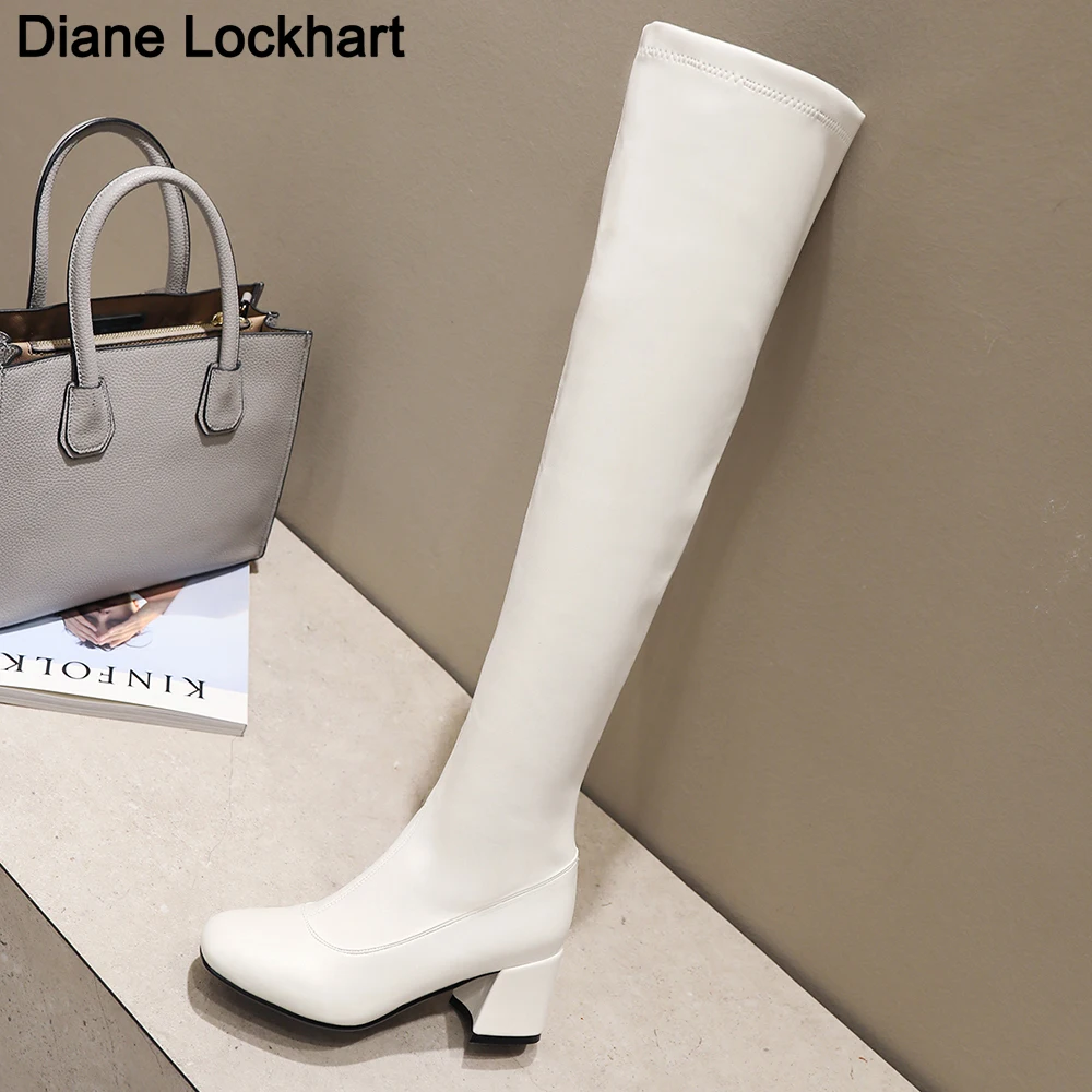 

Fashion Over Knee High Boots Women's Winter Thigh Boots Thick High Heel Stretc Long Boots Slip On Autumn Shoes Woman Black White